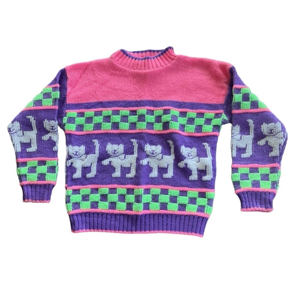Vintage Hot Fudge Kitty Kitten Cat Neon Checkered Knit Sweater Purple Pink GUC